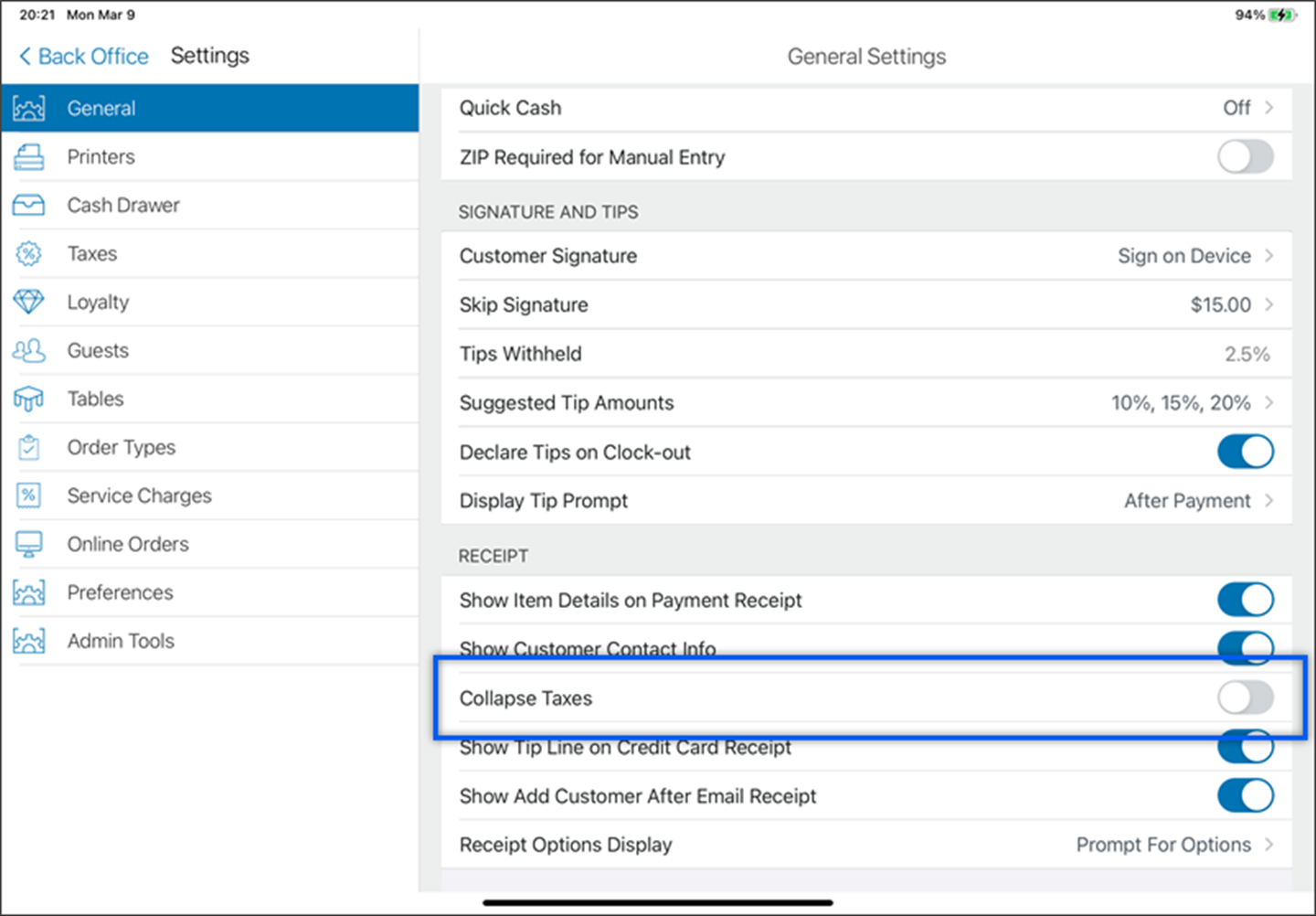 receipt settings from back office showing collapse taxes toggled off