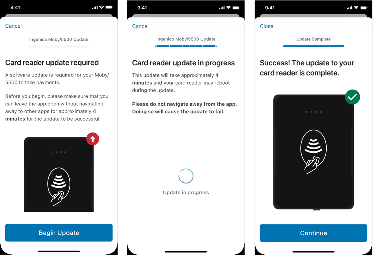 begin, in progress, and complete update messages.