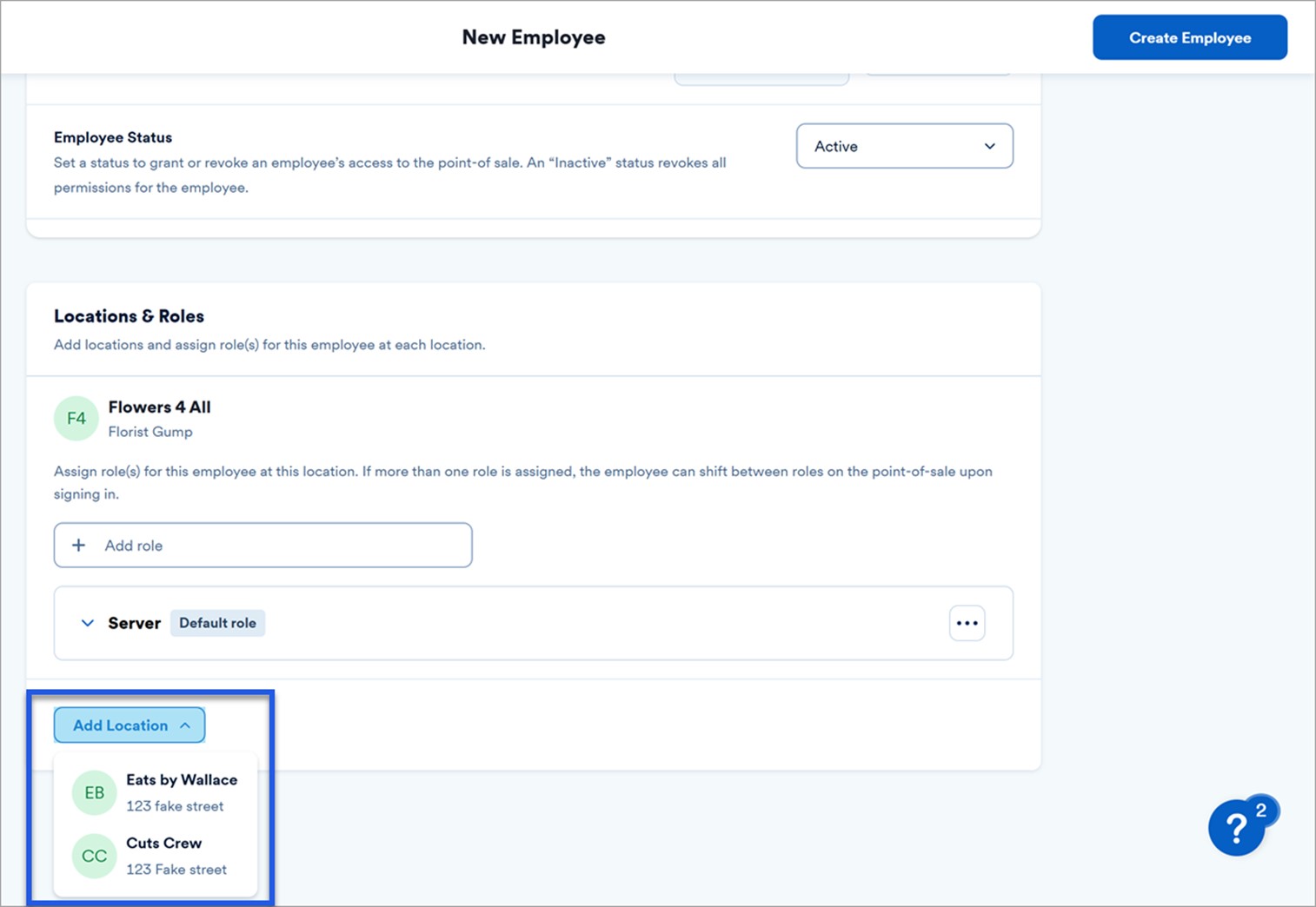 Add location button from employee role section of new employee menu.