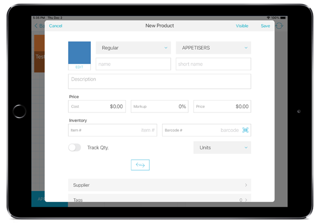 register app back office new product screen with input boxes for product information