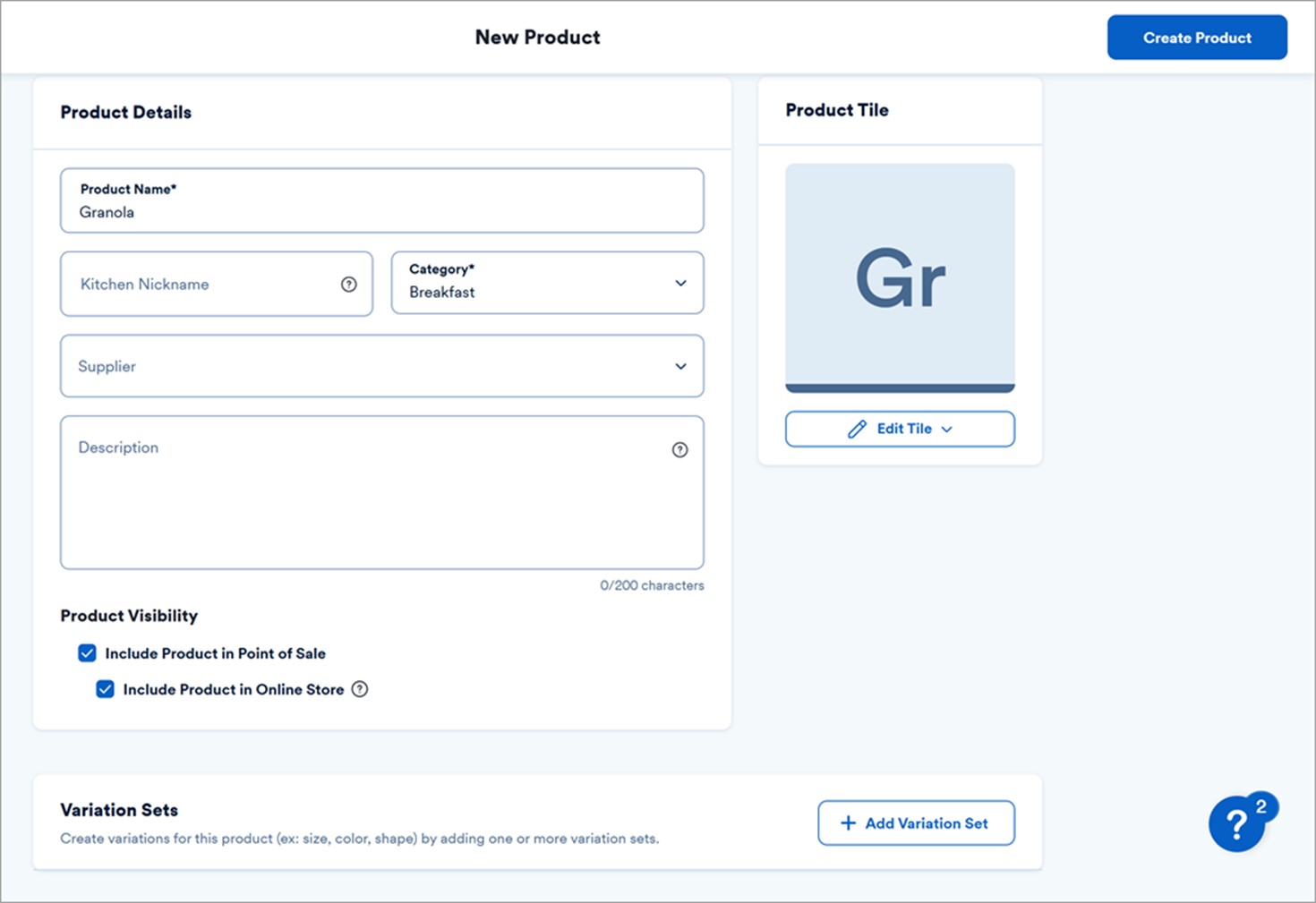 new product screen.