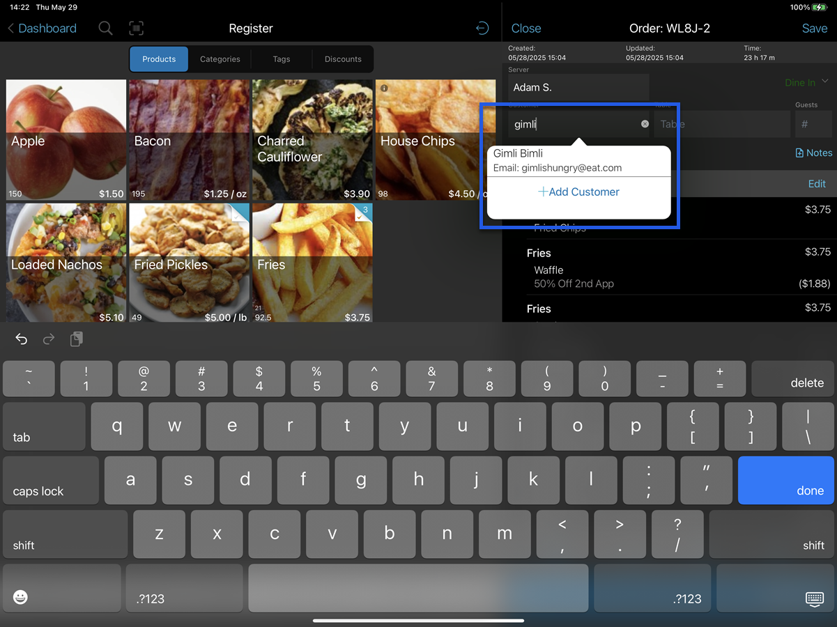 talech register app with customer order displayed and add customer option highlighted