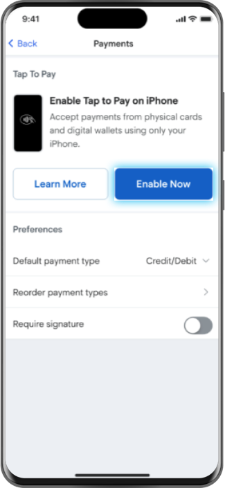 Mobile device showing the payments page with tap to pay disabled.