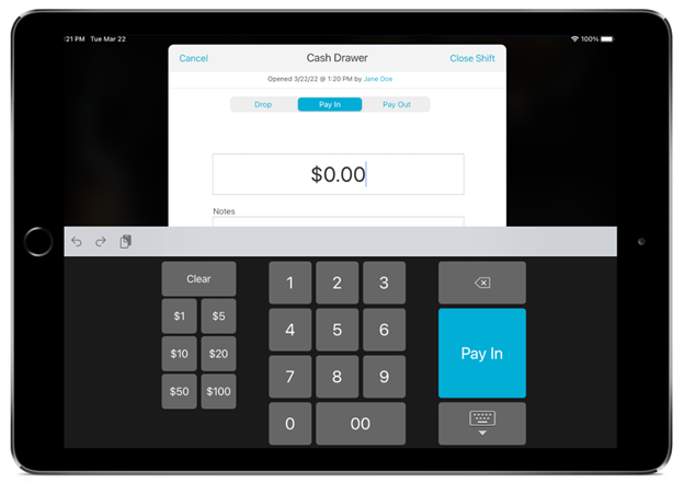 screenshot of an iPad displaying the cash drawer screen with a number pad