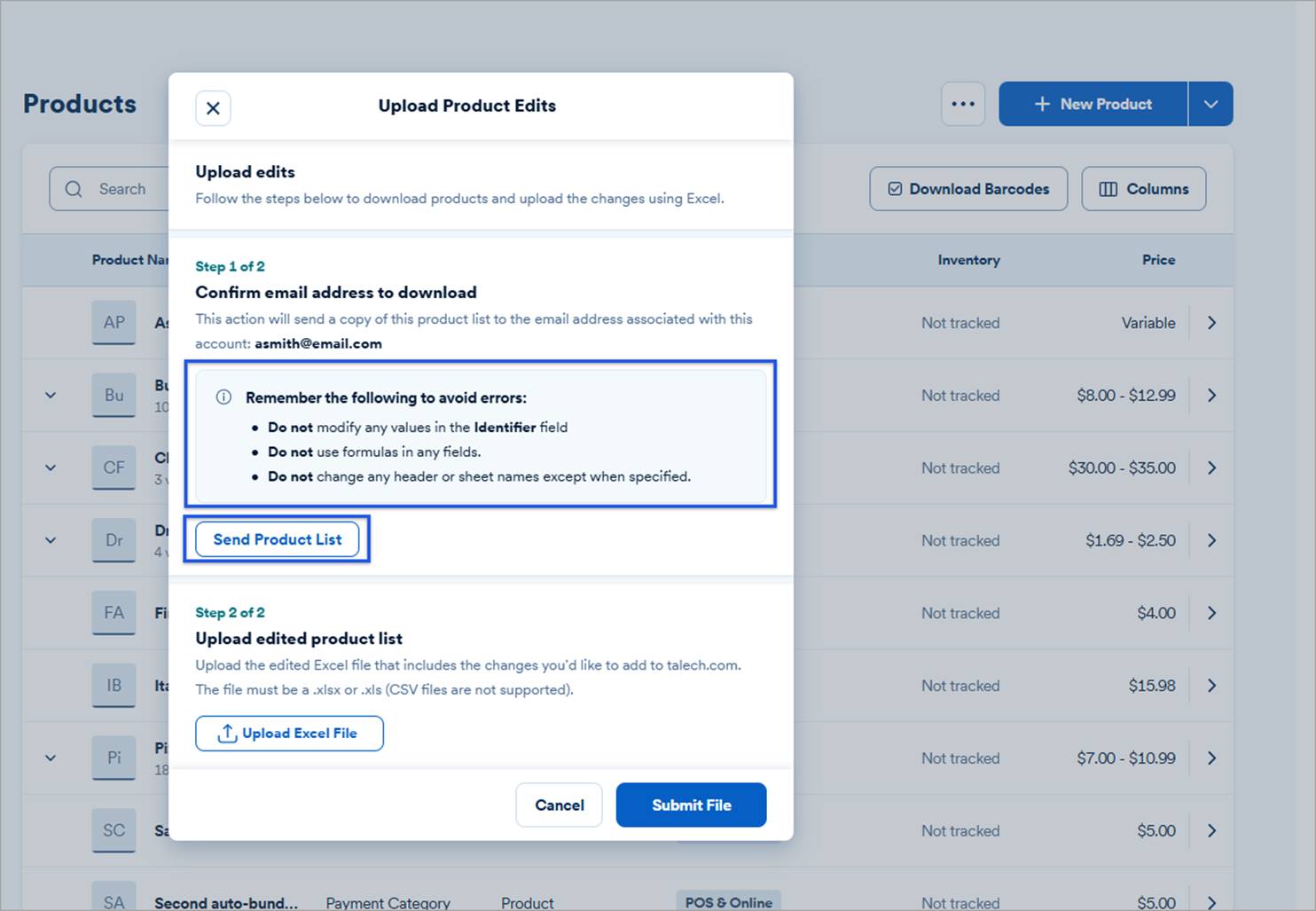 Upload product edits screen with send product list button highlighted.