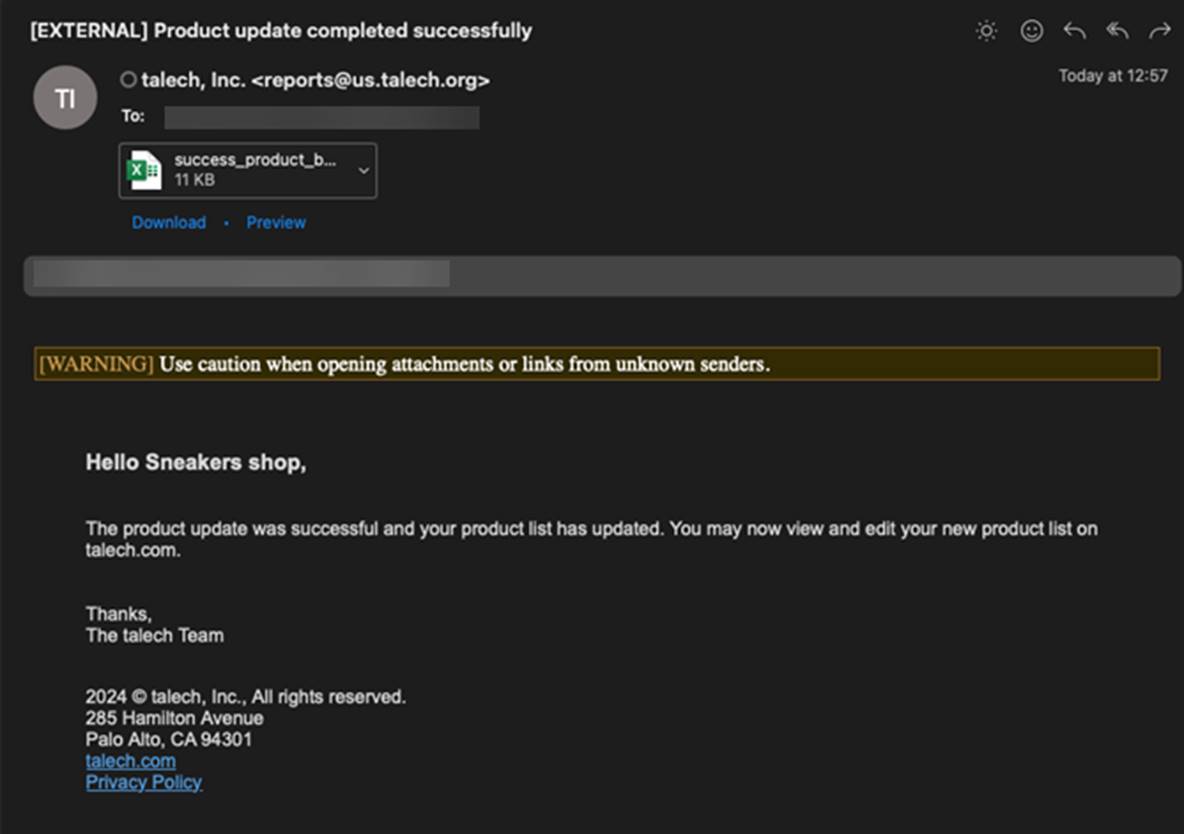 Email with product update successful message.
