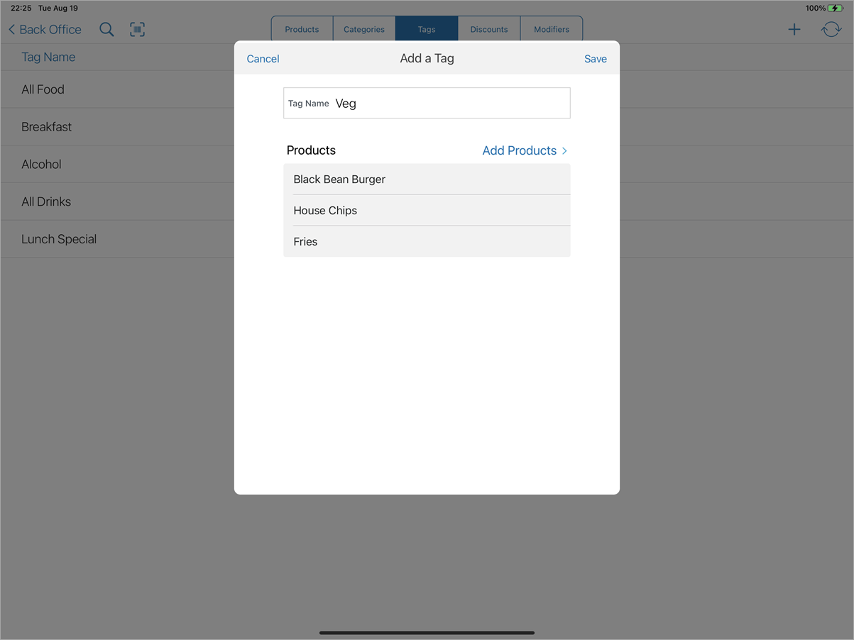 back office add new menu tag screen with products already in tag listed and option to add products