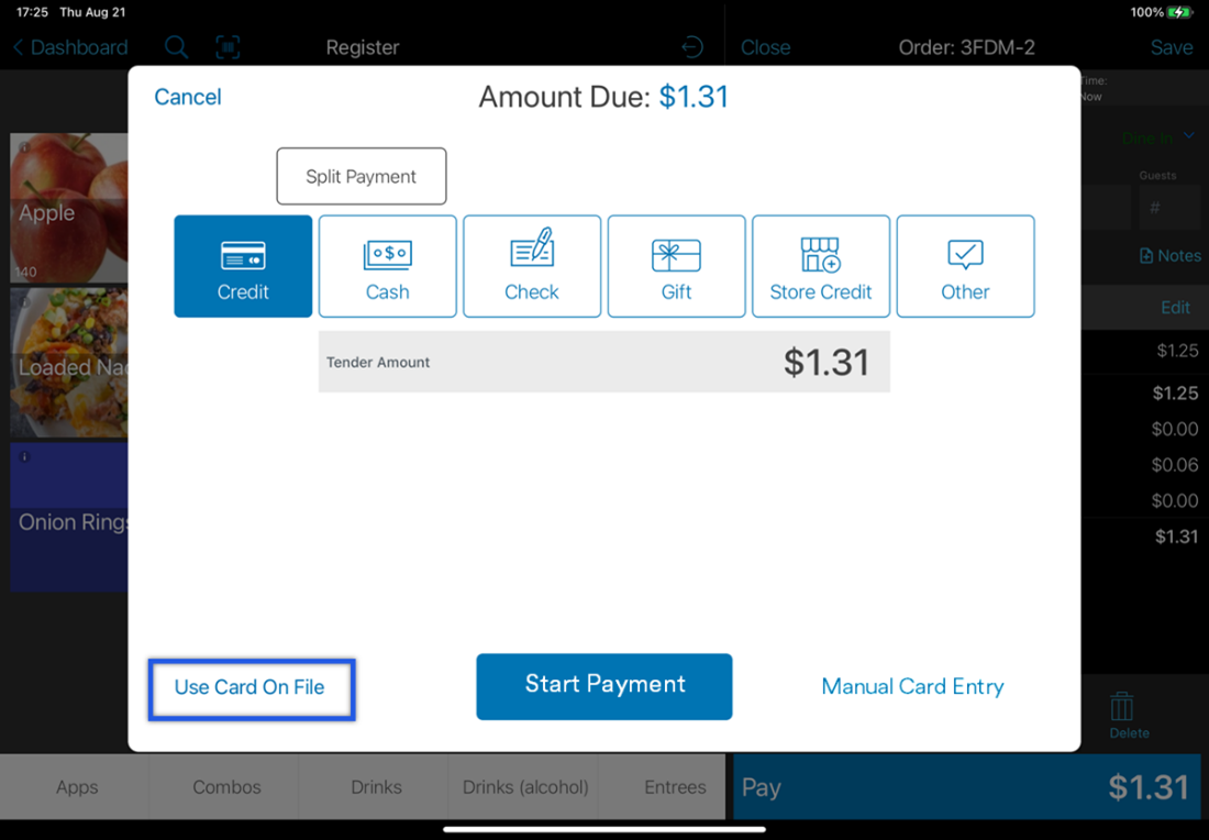 Checkout screen with use card on file option highlighted.