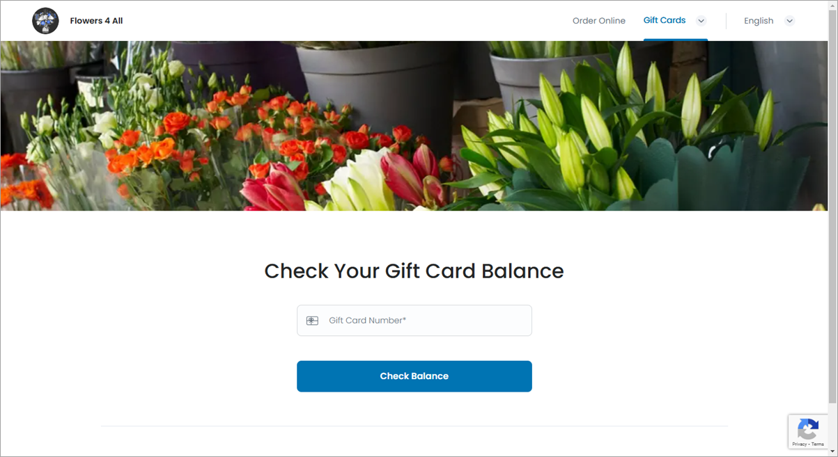 The talech website with the check gift card balance screen