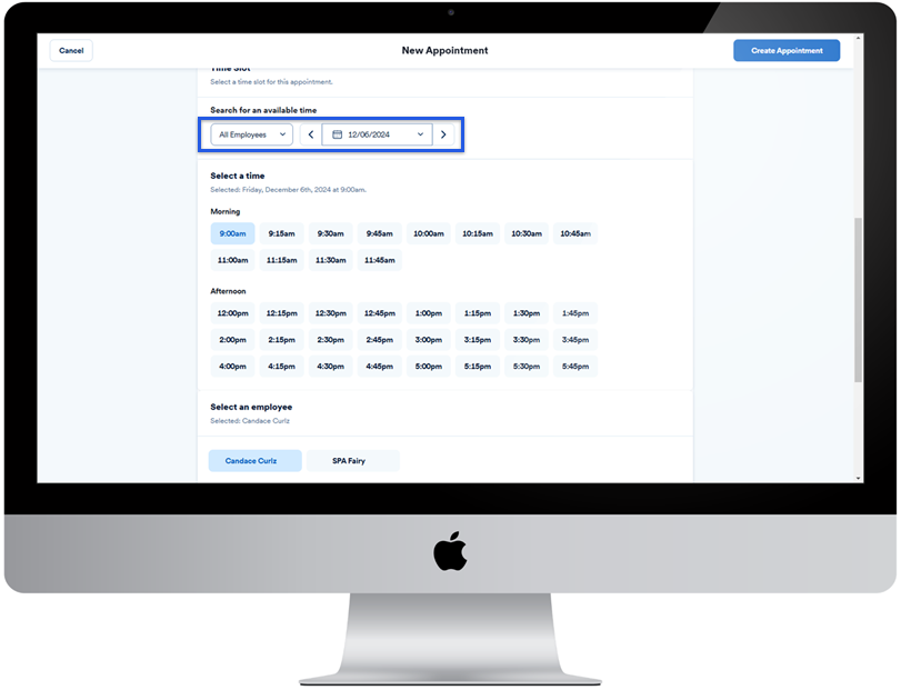 New appointment menu with employees and date options highlighted.