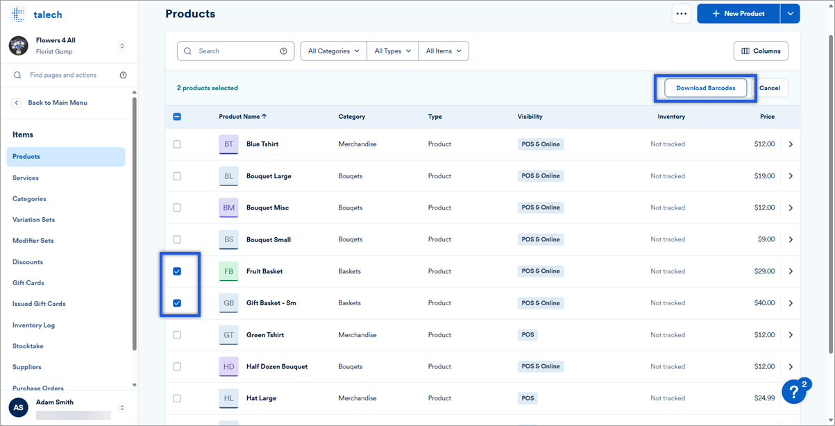Products screen with multiple products selected for barcode creation.
