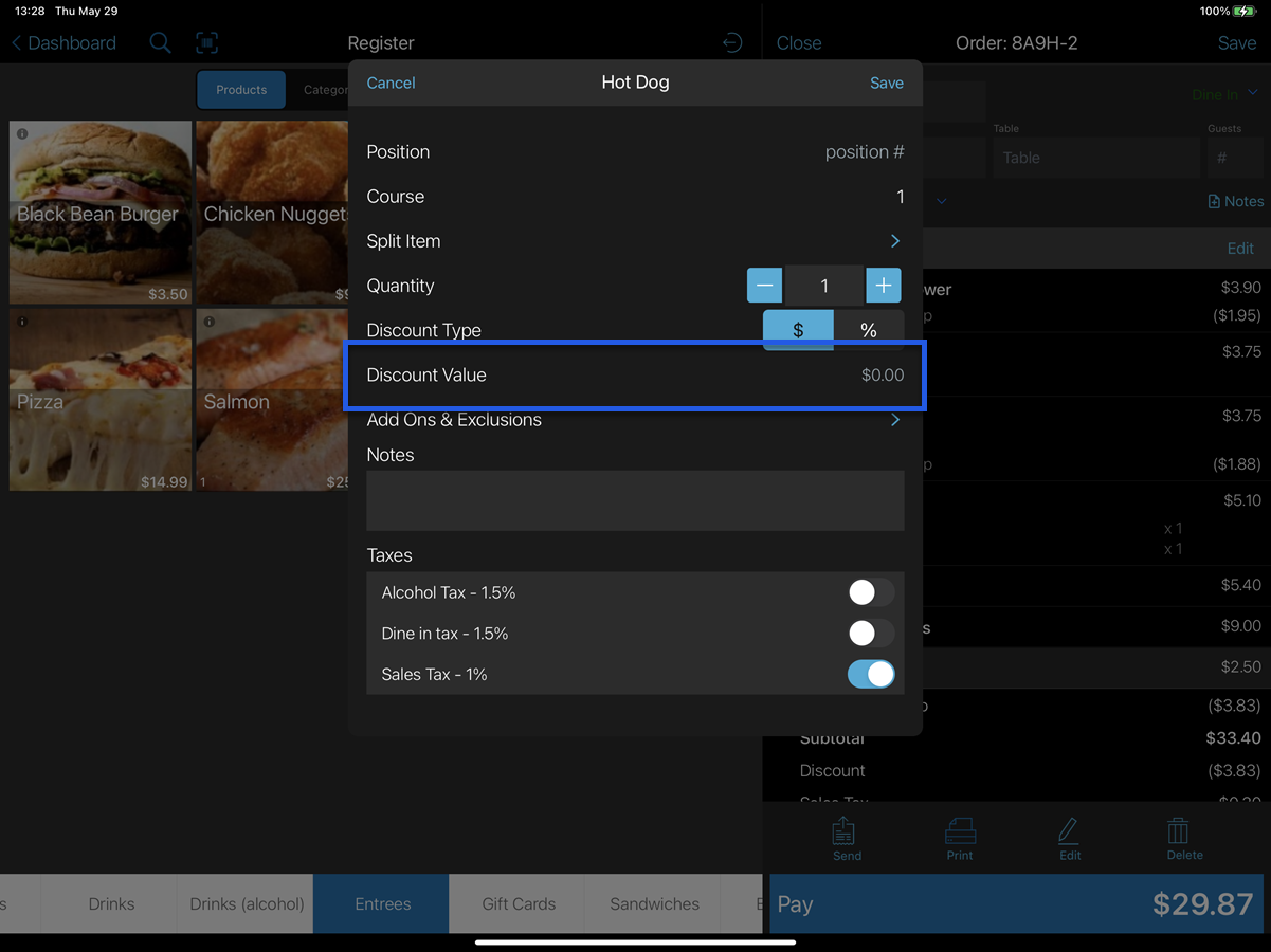 talech register app item details screen with discount value slot highlighted