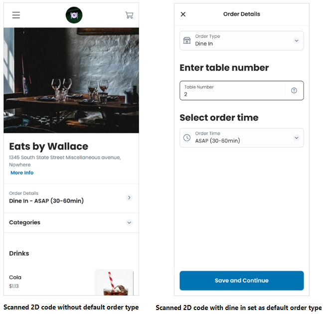 Mobile home page and order details with table selected.